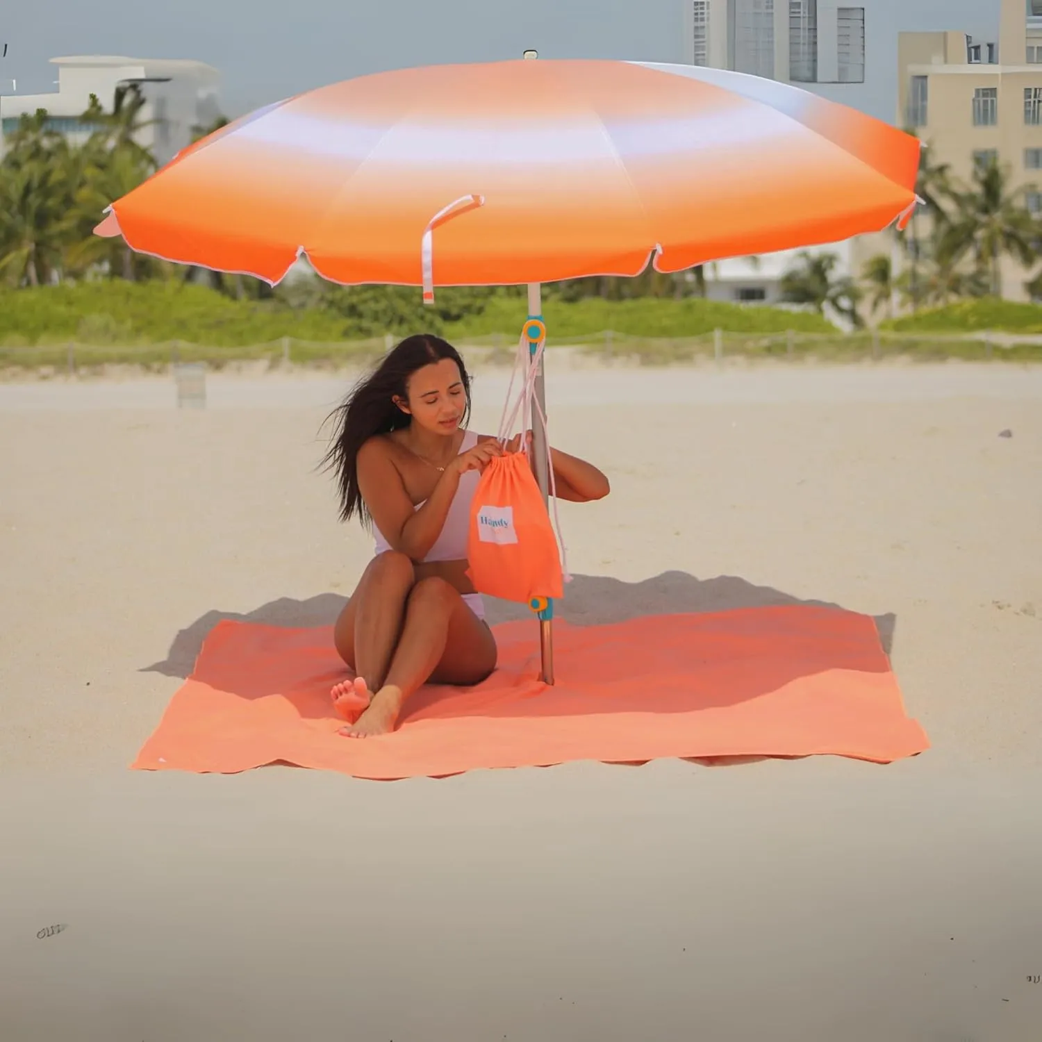 Plush Microfiber Beach Blanket, Large Beach Mat for 1-4 Persons, Sandproof, Windproof | Hole for Umbrella, Corner Sand Pockets to Fight Wind (Bag for Blanket Included)