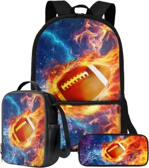Poceacles American Football Backpack Set for Boys Teens 3 in 1 School Bags with Lunch Box Pencil Case Fire Girls Bookbag Ages 8-10 Elementary Middle School Student Casual Daypack