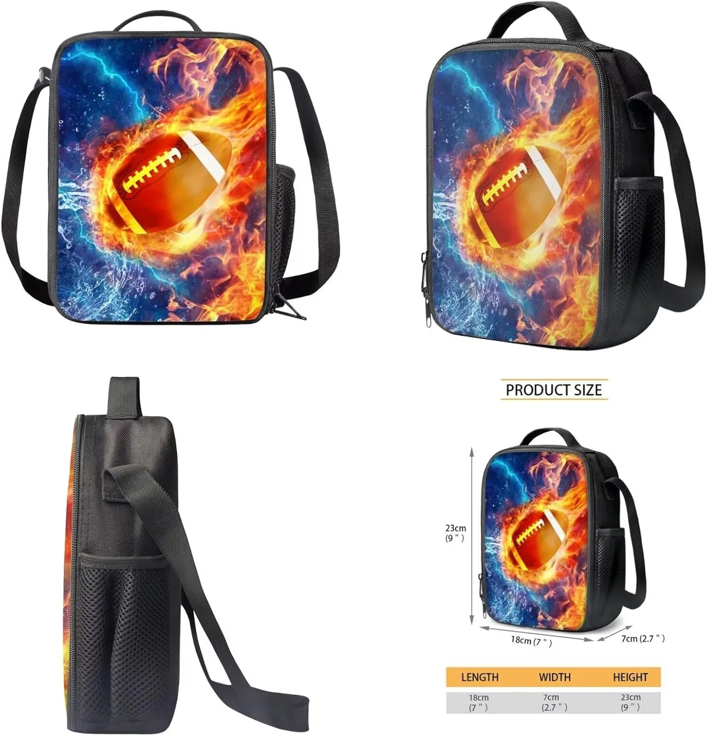 Poceacles American Football Backpack Set for Boys Teens 3 in 1 School Bags with Lunch Box Pencil Case Fire Girls Bookbag Ages 8-10 Elementary Middle School Student Casual Daypack