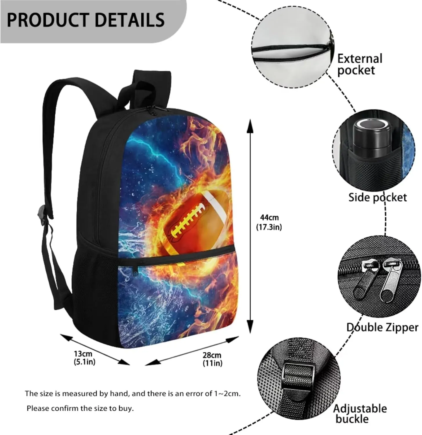 Poceacles American Football Backpack Set for Boys Teens 3 in 1 School Bags with Lunch Box Pencil Case Fire Girls Bookbag Ages 8-10 Elementary Middle School Student Casual Daypack