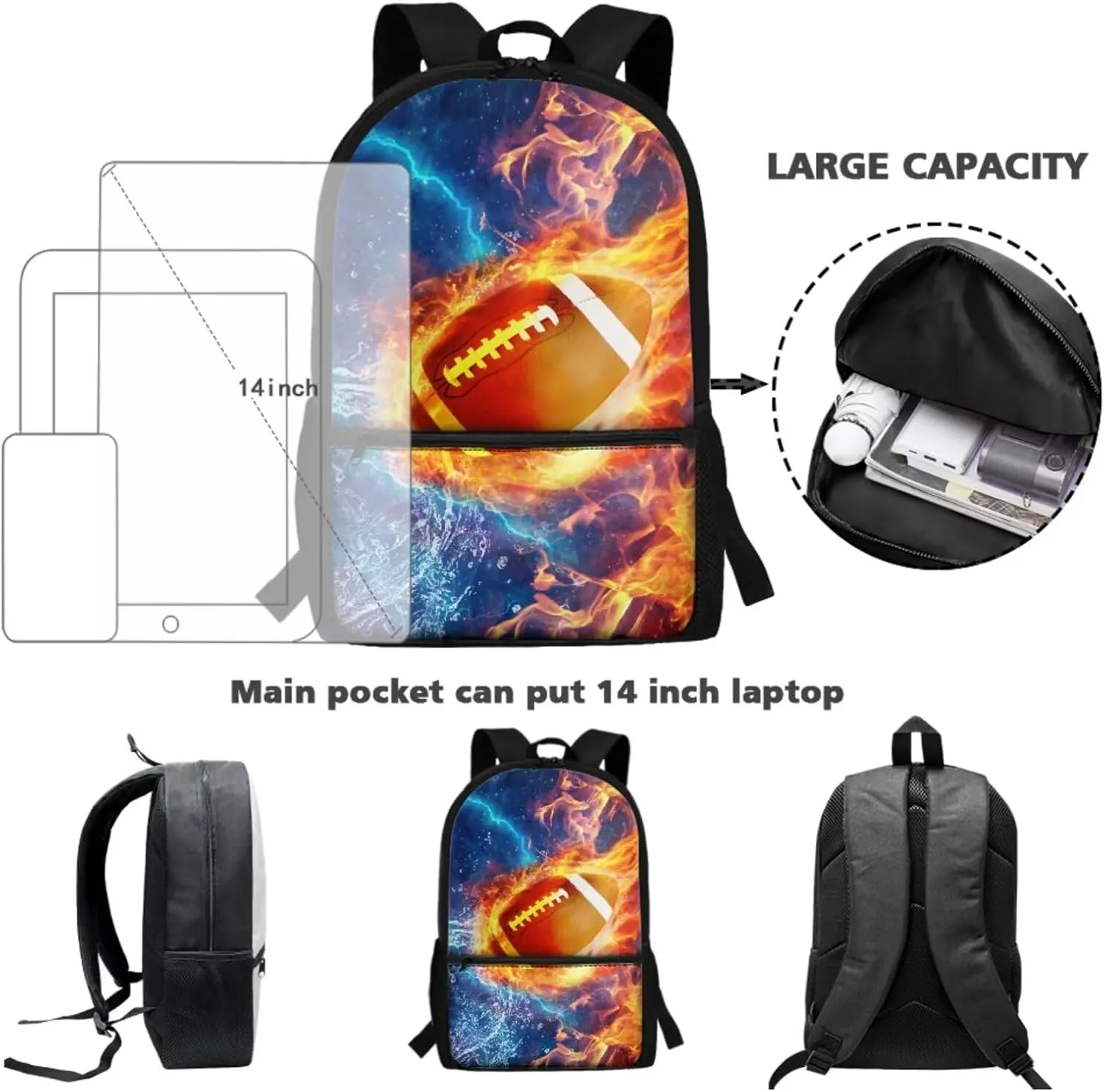 Poceacles American Football Backpack Set for Boys Teens 3 in 1 School Bags with Lunch Box Pencil Case Fire Girls Bookbag Ages 8-10 Elementary Middle School Student Casual Daypack