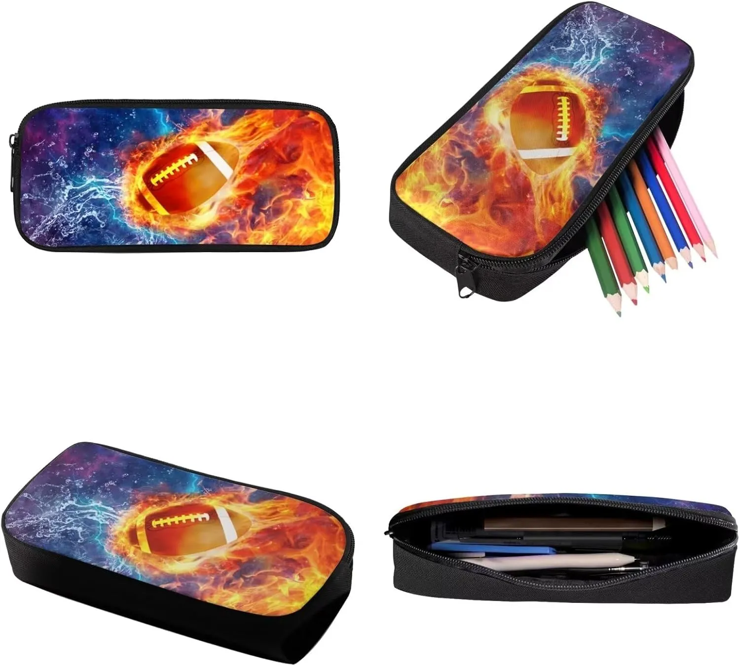 Poceacles American Football Backpack Set for Boys Teens 3 in 1 School Bags with Lunch Box Pencil Case Fire Girls Bookbag Ages 8-10 Elementary Middle School Student Casual Daypack