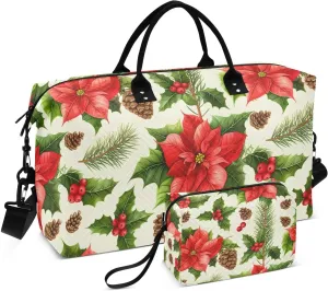 Poinsettia Holly Pinecone Ivory Sports Gym Bag for Women Men Travel Duffel Bag Weekend Overnight Carry on Bag with Toiletry Bag Air Travel Bag for Plane Hospital Swimming Yoga Workout