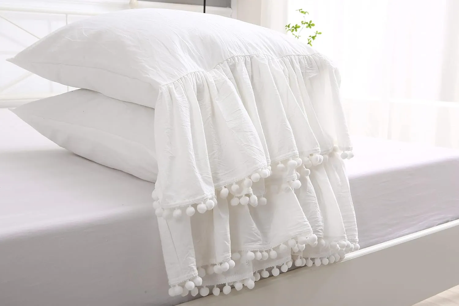 Pom Poms Pillowcases with Long Ruffles Ivory Pillow Shams Cotton Pillow Covers Queen Size 20"X30" Farmhouse French Country 2-Pack