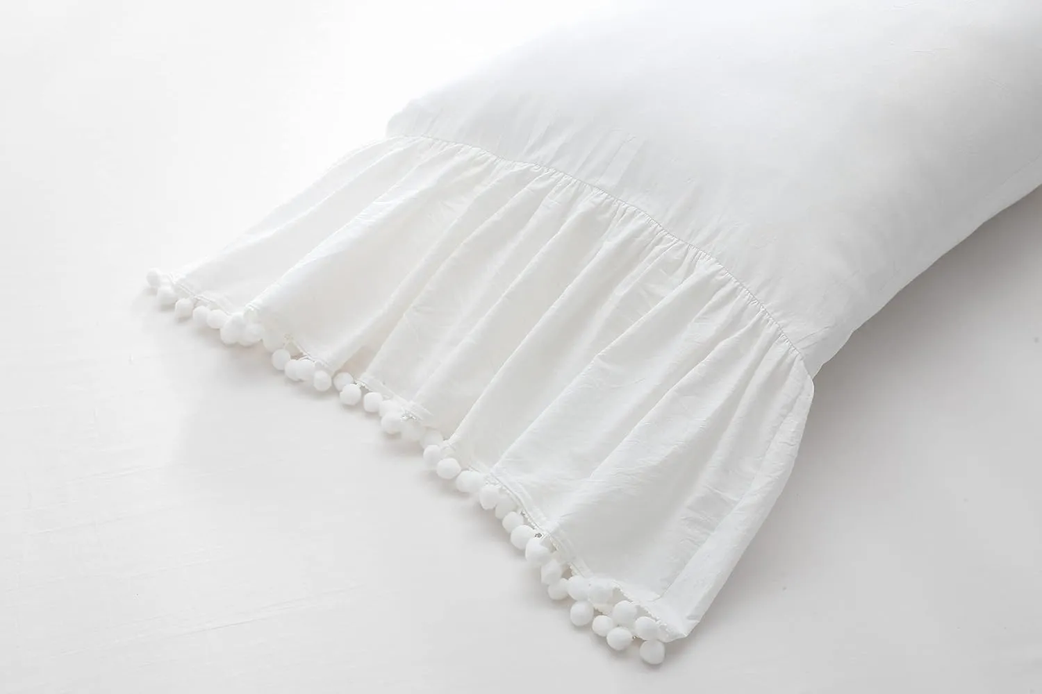 Pom Poms Pillowcases with Long Ruffles Ivory Pillow Shams Cotton Pillow Covers Queen Size 20"X30" Farmhouse French Country 2-Pack