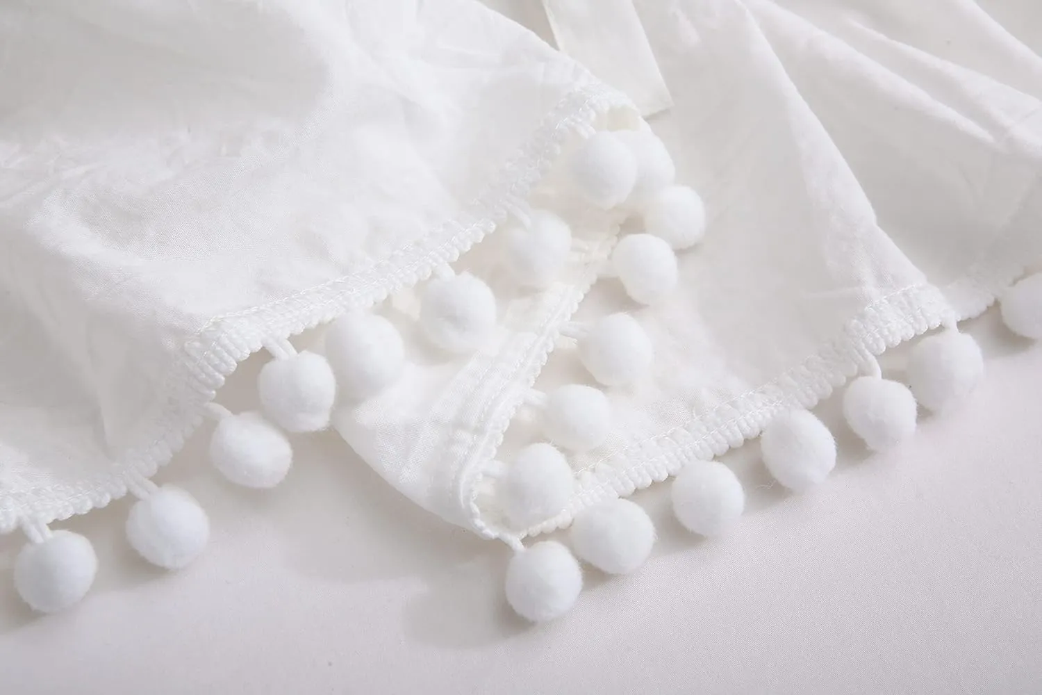 Pom Poms Pillowcases with Long Ruffles Ivory Pillow Shams Cotton Pillow Covers Queen Size 20"X30" Farmhouse French Country 2-Pack