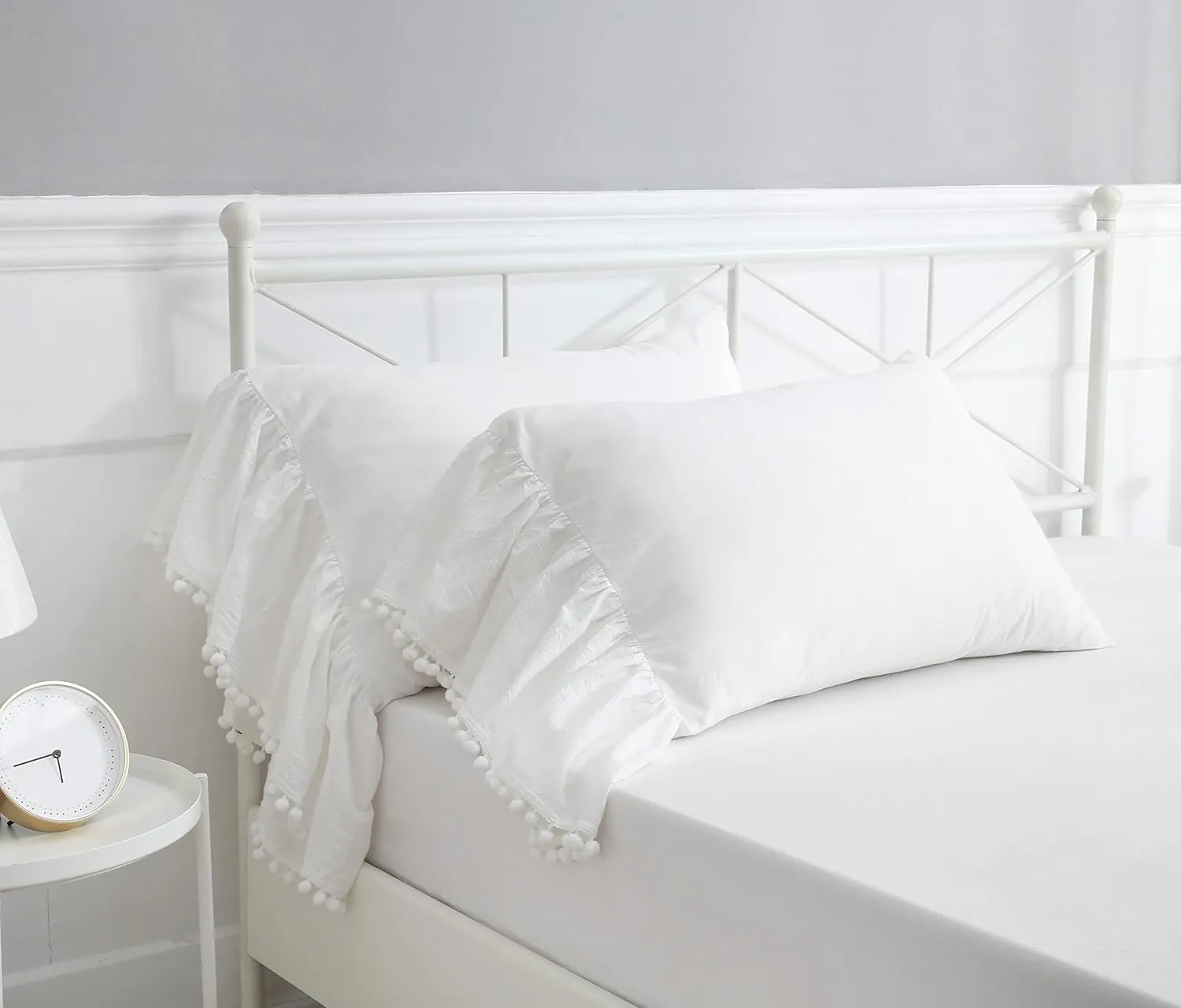 Pom Poms Pillowcases with Long Ruffles Ivory Pillow Shams Cotton Pillow Covers Queen Size 20"X30" Farmhouse French Country 2-Pack