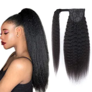 Ponytail Extension for Black Women Magic Paste Ponytail Kinky Straight Human Hair Afro Yaki1B Natural Black Color Brazilian Virgin Human Hair Ponytail Remy Hair Extensions(16 Inches, 115g)