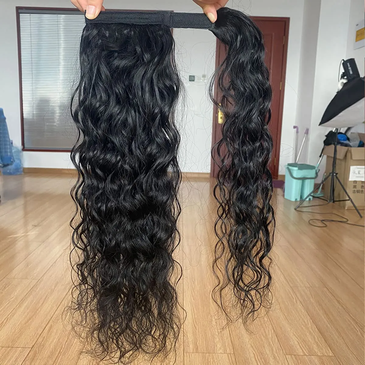 Ponytail Human Hair Extension Water Wave Magic Paste Wavy Wrap Around Ponytail Extension Remy Hair Corn Wave Natural Black 20 Inchs