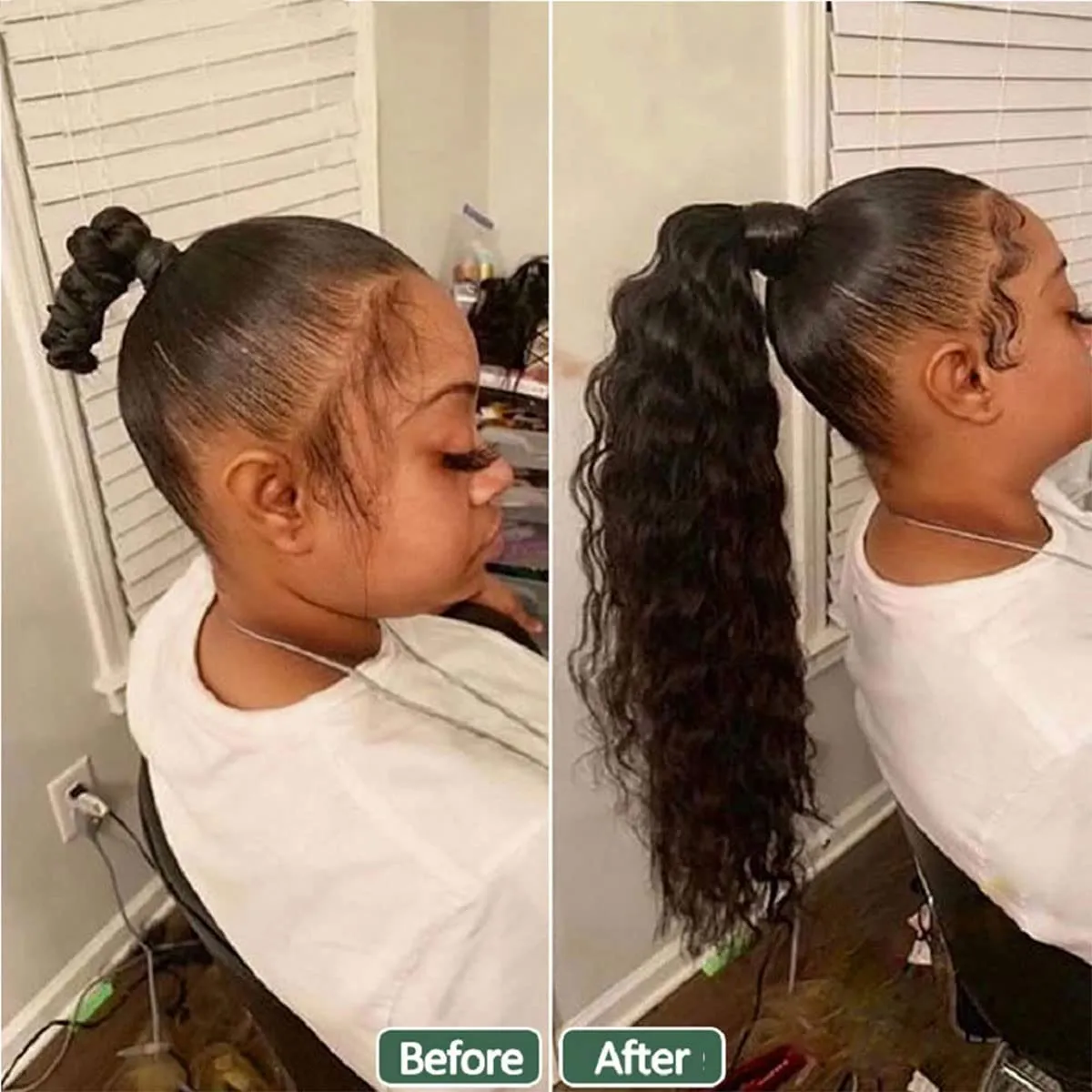 Ponytail Human Hair Extension Water Wave Magic Paste Wavy Wrap Around Ponytail Extension Remy Hair Corn Wave Natural Black 20 Inchs