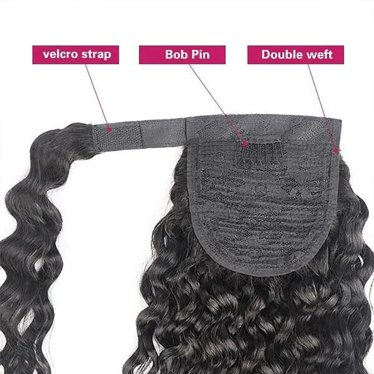 Ponytail Human Hair Extension Water Wave Magic Paste Wavy Wrap Around Ponytail Extension Remy Hair Corn Wave Natural Black 20 Inchs