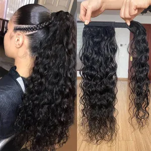 Ponytail Human Hair Extension Water Wave Magic Paste Wavy Wrap Around Ponytail Extension Remy Hair Corn Wave Natural Black 20 Inchs