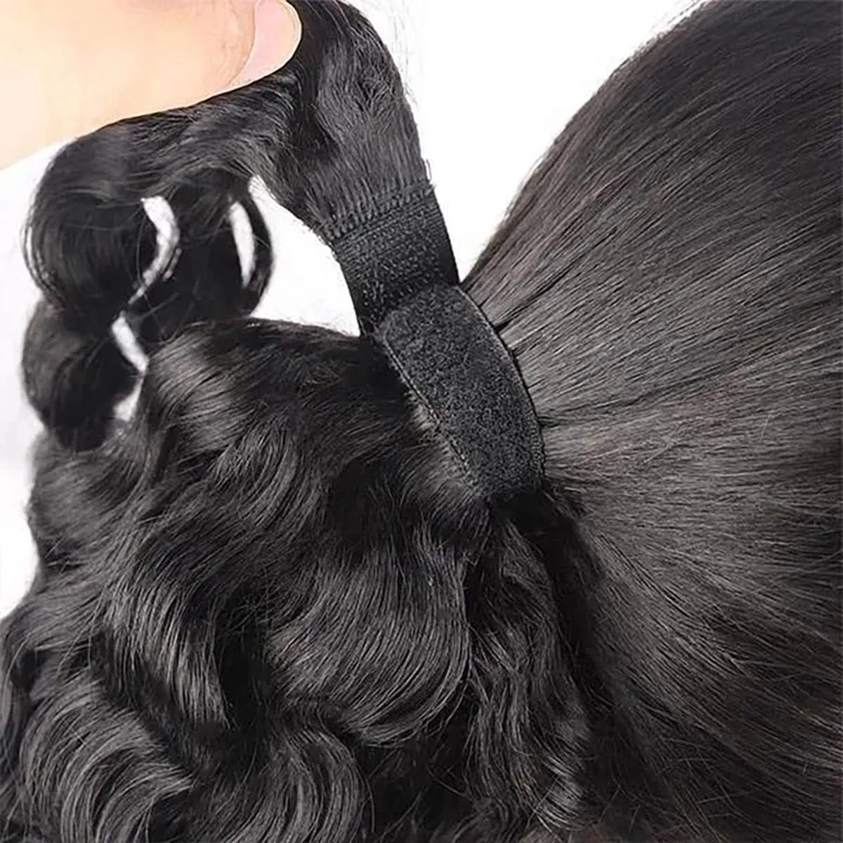 Ponytail Human Hair Extension Water Wave Magic Paste Wavy Wrap Around Ponytail Extension Remy Hair Corn Wave Natural Black 20 Inchs