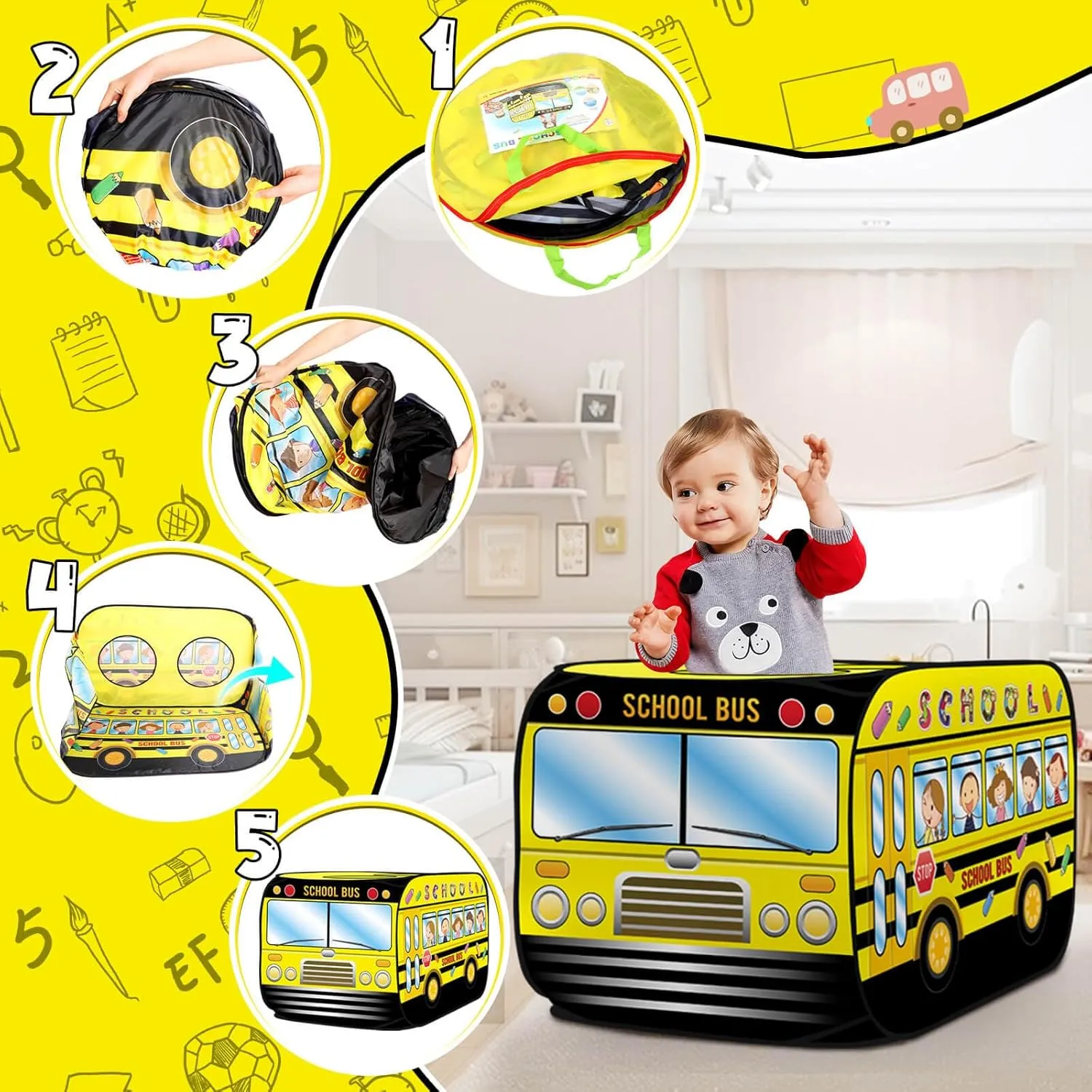 Pop up Play Tent for Kids Aged 1-3 Years Old Boys and Girls : School Bus Tent Playhouse Toy Play Tents for Toddlers 3-5 Kids Tent Indoor Outdoor Playhouse Toys for 1   Year Old, School Bus