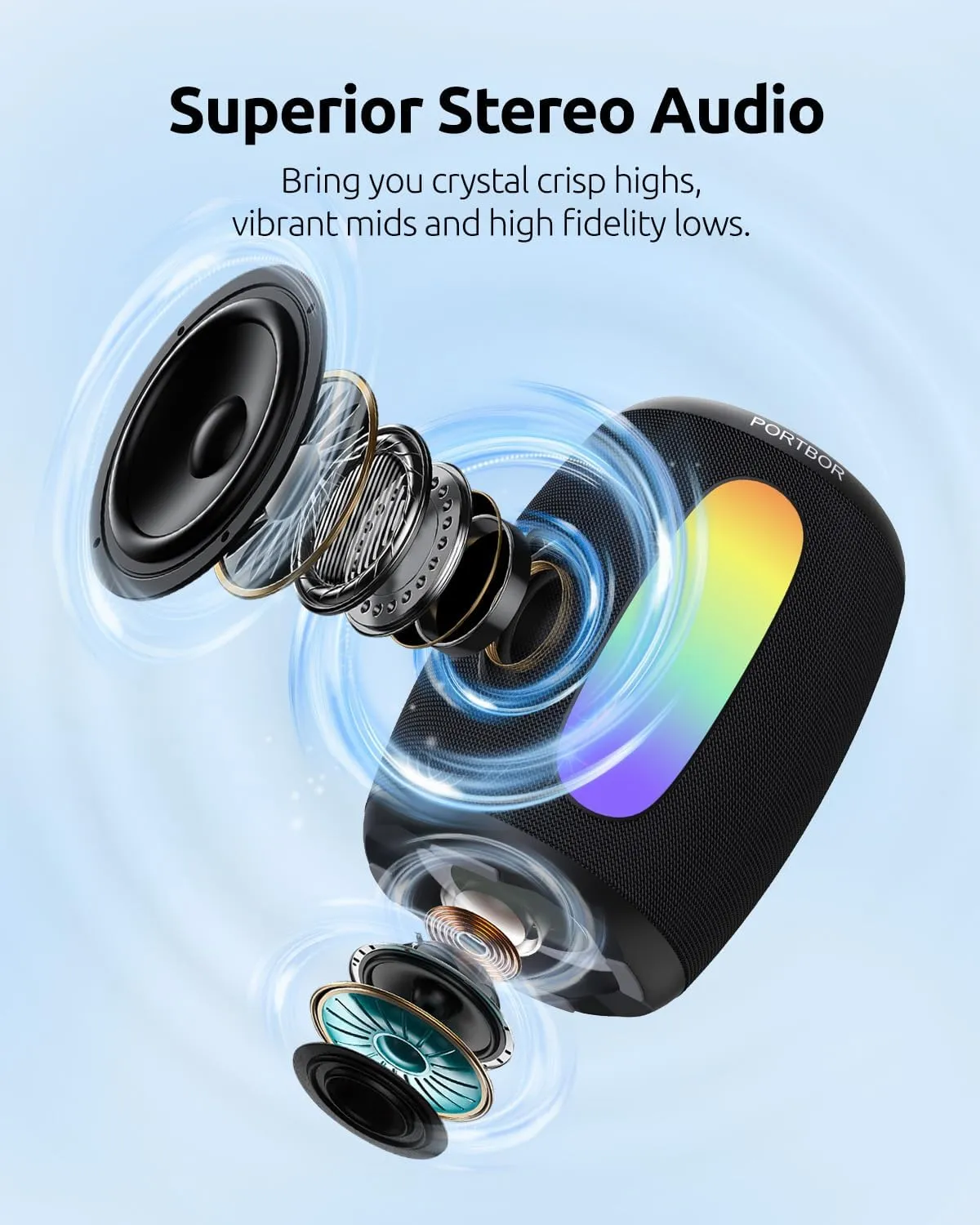 Portable Bluetooth Speaker, Powerful Stereo Sound Small Wireless Speaker with Lights, IPX5 Waterproof, BT5.3 with AUX Input, TWS Pairing, for Outdoor Home Party Camping, Electronics Gifts for Him Her
