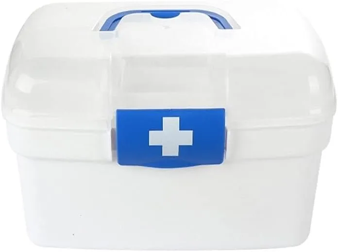 Portable Medical First Aid Box, Double-Layer Plastic Storage Container, 8.26" Compact Family Emergency Kit with Hidden Handle for Home, Travel, Car