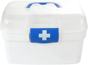 Portable Medical First Aid Box, Double-Layer Plastic Storage Container, 8.26" Compact Family Emergency Kit with Hidden Handle for Home, Travel, Car