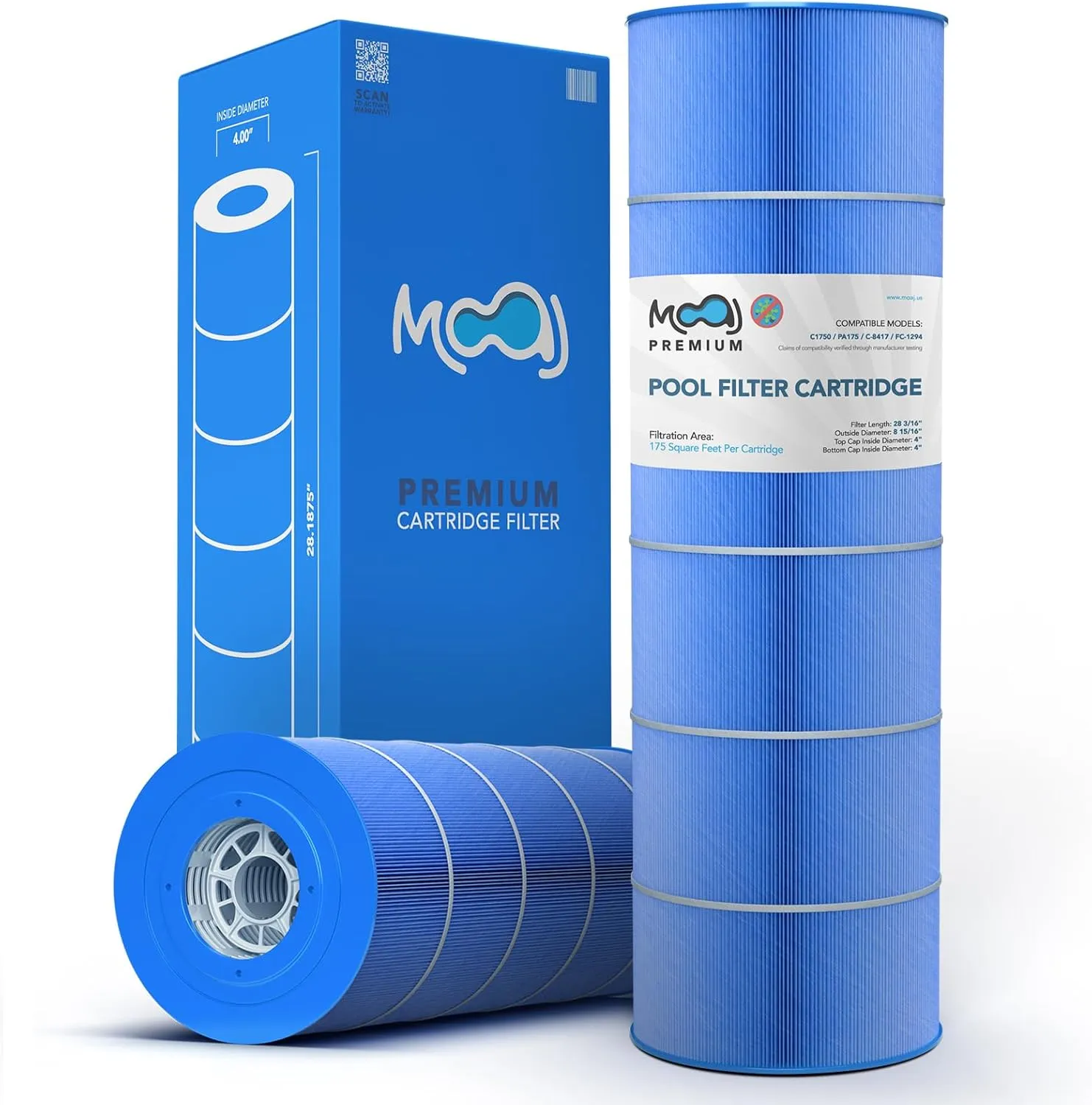Premium Filter Cartridge Replaces Hayward C1750, CX1750RE, Pleatco PA175, Unicel C-8417, Filbur FC-1294, Sta-Rite PXC175, Waterway PCCF-175, 25230-0175S, 817-0175P, Asepsis-Infused Pool Filters, 175sq