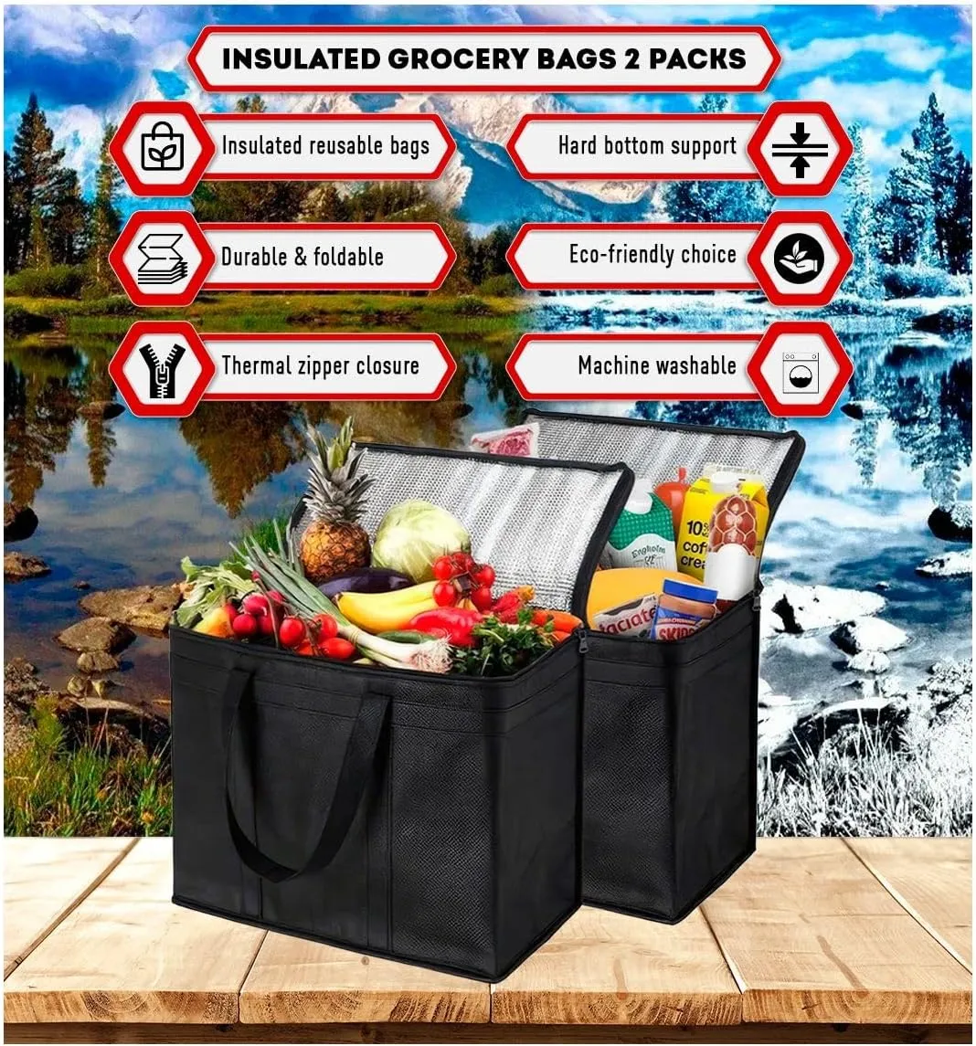 Premium XL Insulated Grocery Bags (2-Pack) - Black, Reusable, Foldable with Insert. Thermal Zipper for Hot and Cold Food. Stands Upright, Durable, Easy to Clean. Ideal for Shopping, Camping.