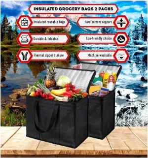 Premium XL Insulated Grocery Bags (2-Pack) - Black, Reusable, Foldable with Insert. Thermal Zipper for Hot and Cold Food. Stands Upright, Durable, Easy to Clean. Ideal for Shopping, Camping.