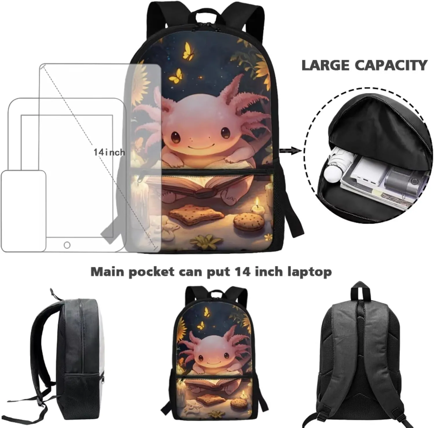 Preschool Backpack for Girls Axolotl Backpack for School with Lunchbox Large Capacity 4 in 1 Set Kids Back Pack Travel Knapsack Daypack