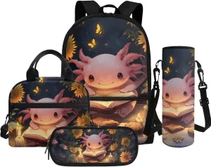 Preschool Backpack for Girls Axolotl Backpack for School with Lunchbox Large Capacity 4 in 1 Set Kids Back Pack Travel Knapsack Daypack