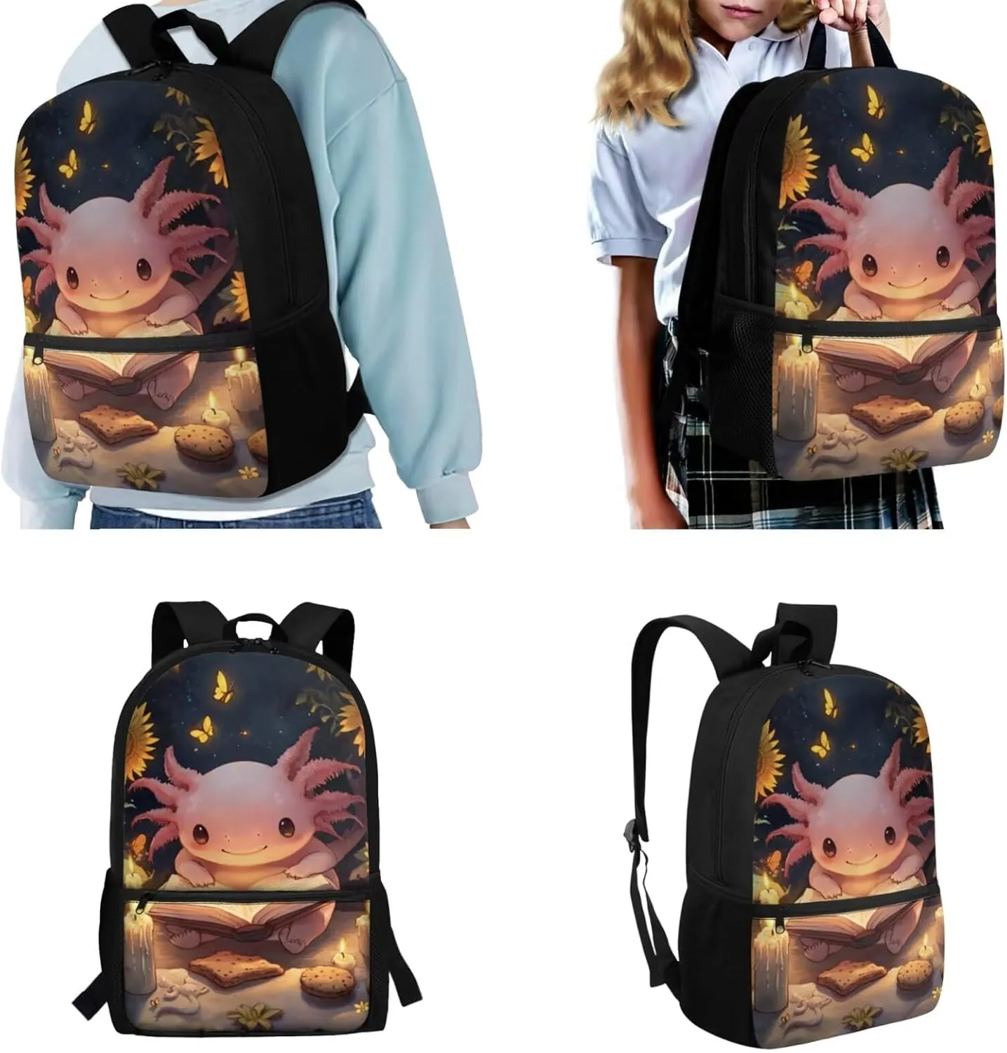 Preschool Backpack for Girls Axolotl Backpack for School with Lunchbox Large Capacity 4 in 1 Set Kids Back Pack Travel Knapsack Daypack