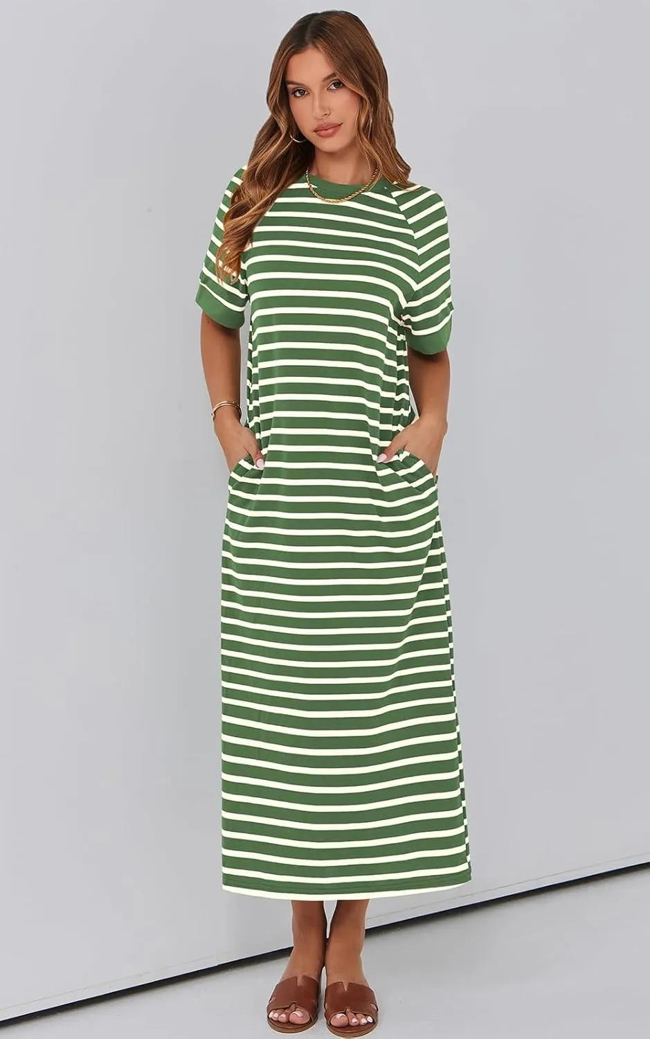 PRETTYGARDEN Women's Summer Casual T Shirt Dresses Short Sleeve Striped Slit Maxi Dress Color Block Long Dress with Pocket
