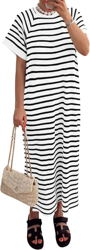 PRETTYGARDEN Women's Summer Casual T Shirt Dresses Short Sleeve Striped Slit Maxi Dress Color Block Long Dress with Pocket