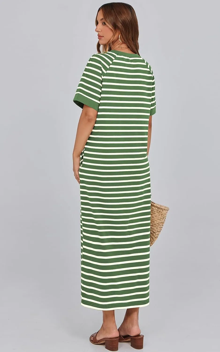 PRETTYGARDEN Women's Summer Casual T Shirt Dresses Short Sleeve Striped Slit Maxi Dress Color Block Long Dress with Pocket