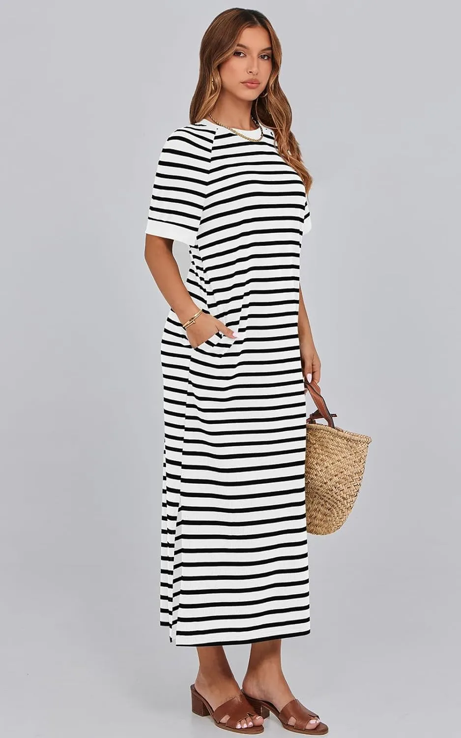 PRETTYGARDEN Women's Summer Casual T Shirt Dresses Short Sleeve Striped Slit Maxi Dress Color Block Long Dress with Pocket