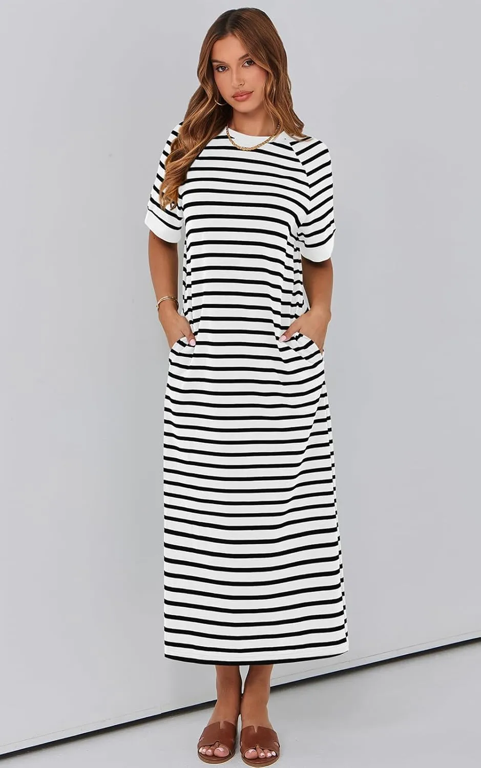 PRETTYGARDEN Women's Summer Casual T Shirt Dresses Short Sleeve Striped Slit Maxi Dress Color Block Long Dress with Pocket