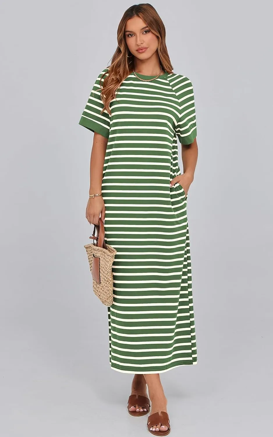 PRETTYGARDEN Women's Summer Casual T Shirt Dresses Short Sleeve Striped Slit Maxi Dress Color Block Long Dress with Pocket