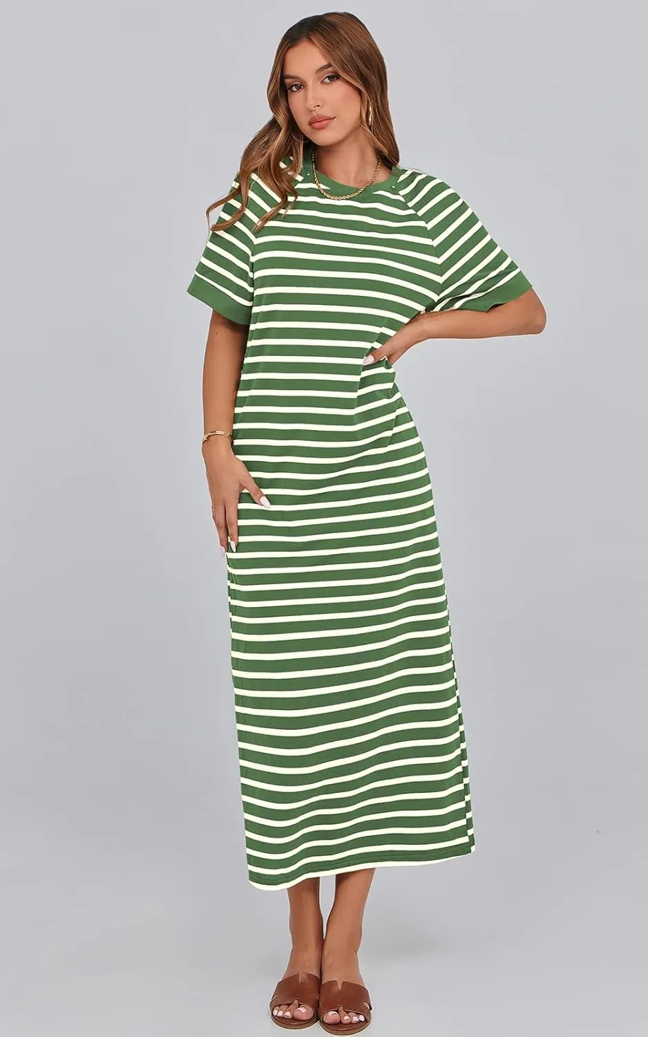 PRETTYGARDEN Women's Summer Casual T Shirt Dresses Short Sleeve Striped Slit Maxi Dress Color Block Long Dress with Pocket