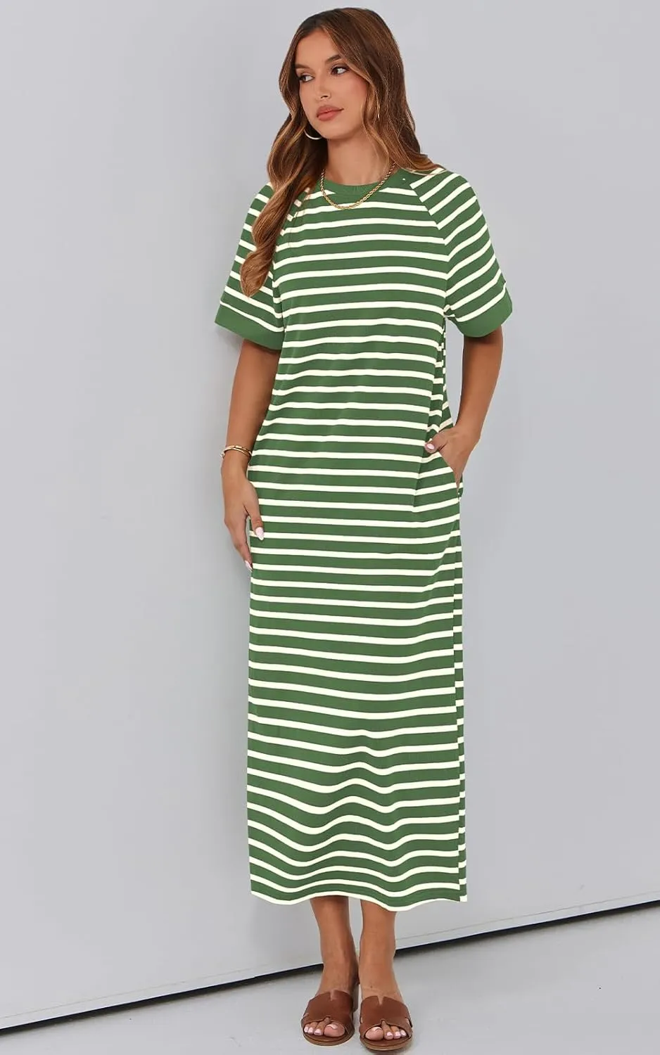 PRETTYGARDEN Women's Summer Casual T Shirt Dresses Short Sleeve Striped Slit Maxi Dress Color Block Long Dress with Pocket