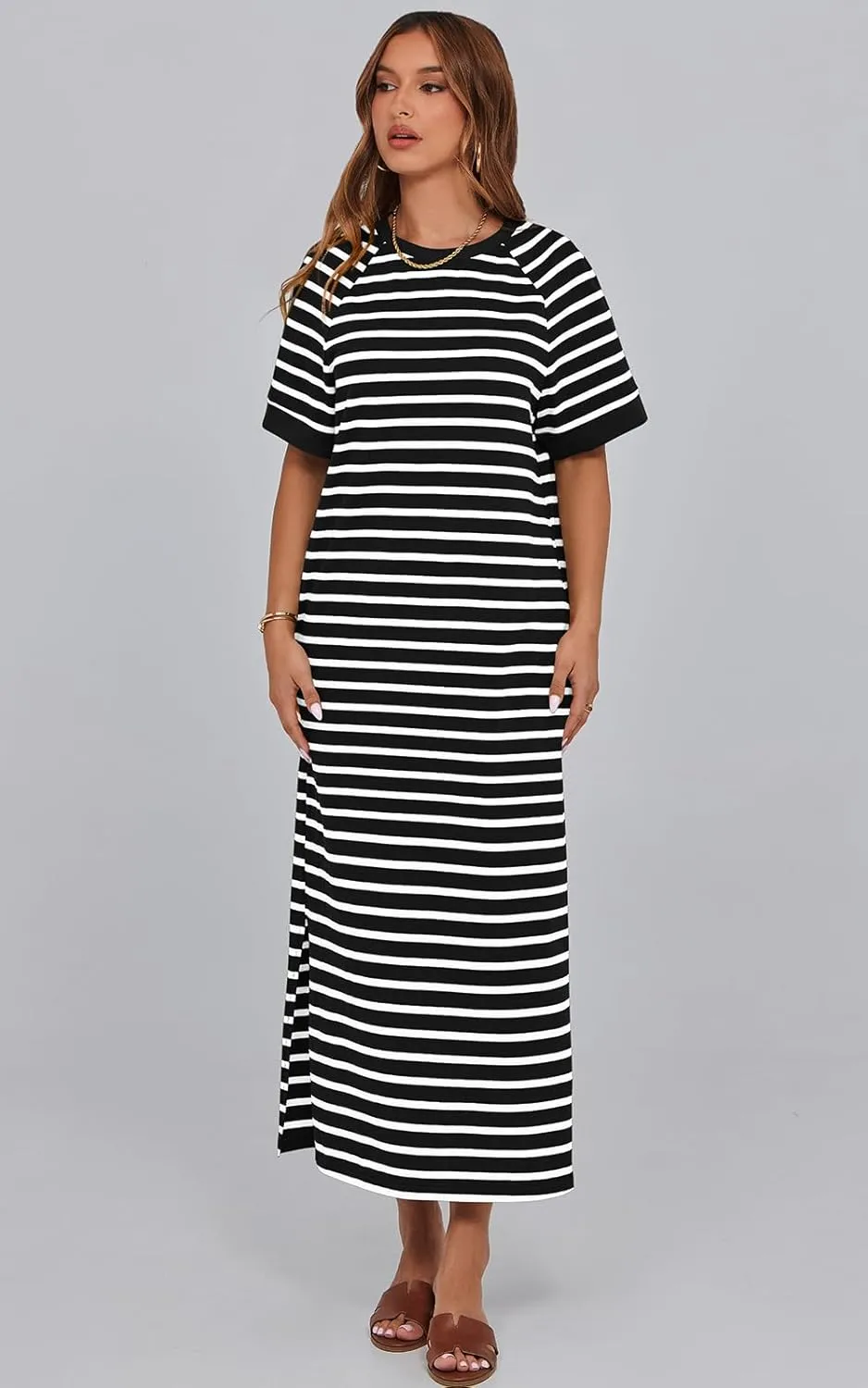 PRETTYGARDEN Women's Summer Casual T Shirt Dresses Short Sleeve Striped Slit Maxi Dress Color Block Long Dress with Pocket