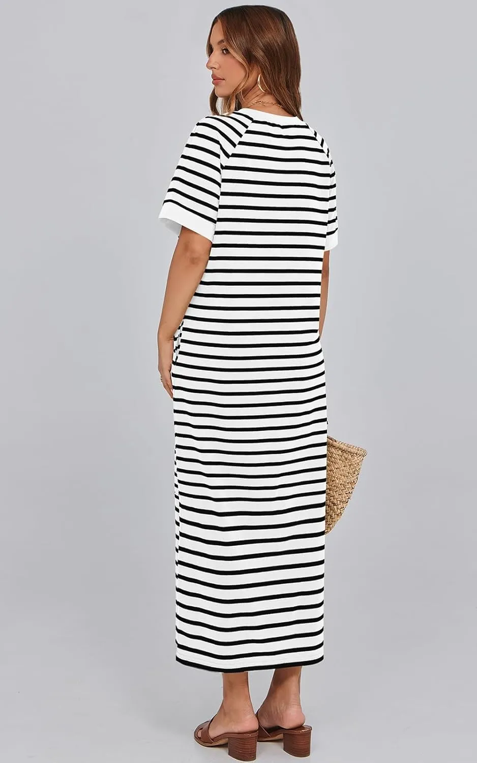 PRETTYGARDEN Women's Summer Casual T Shirt Dresses Short Sleeve Striped Slit Maxi Dress Color Block Long Dress with Pocket