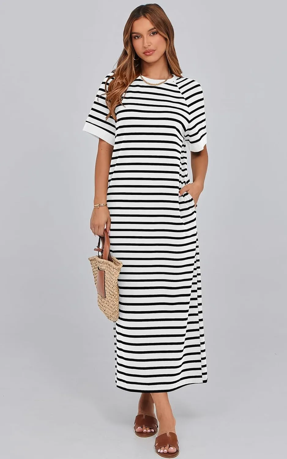 PRETTYGARDEN Women's Summer Casual T Shirt Dresses Short Sleeve Striped Slit Maxi Dress Color Block Long Dress with Pocket