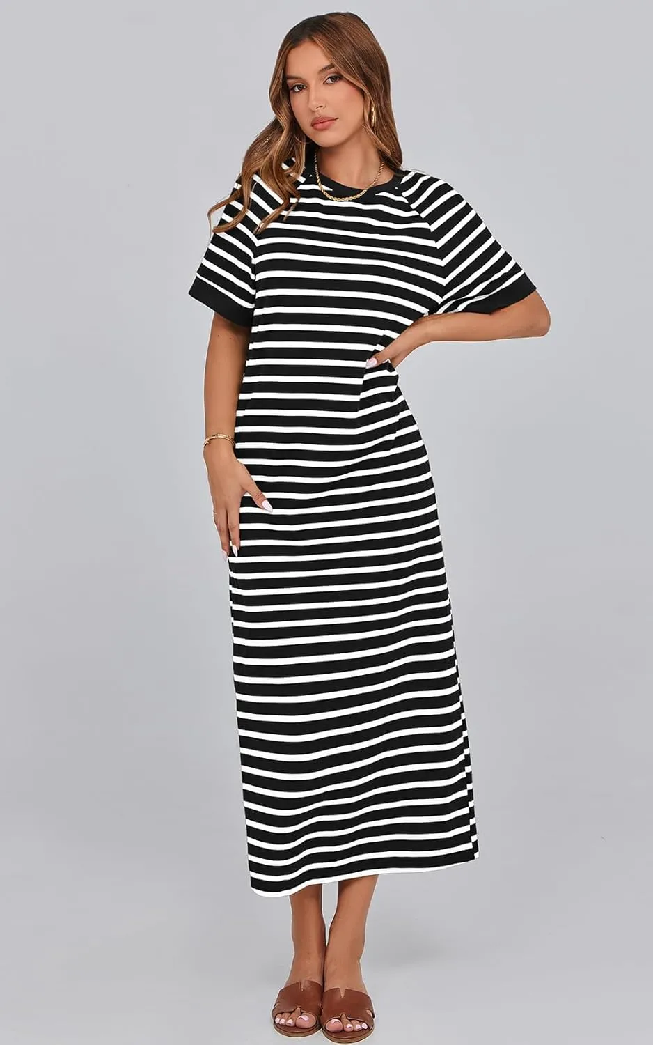 PRETTYGARDEN Women's Summer Casual T Shirt Dresses Short Sleeve Striped Slit Maxi Dress Color Block Long Dress with Pocket