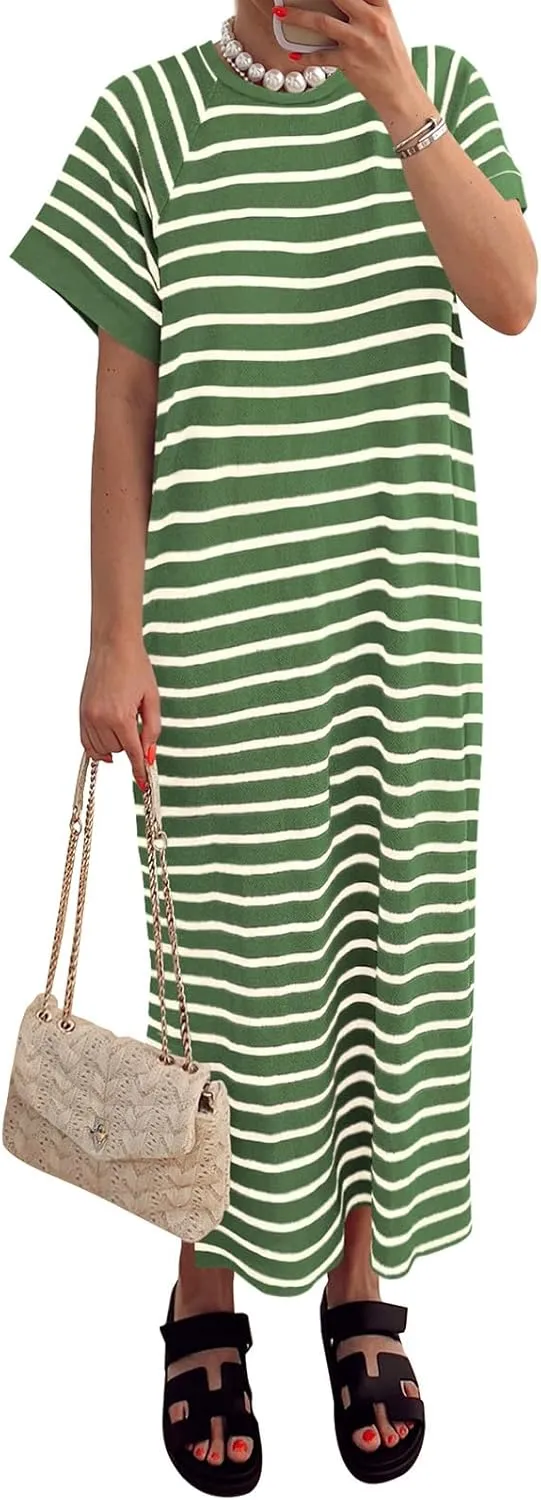 PRETTYGARDEN Women's Summer Casual T Shirt Dresses Short Sleeve Striped Slit Maxi Dress Color Block Long Dress with Pocket