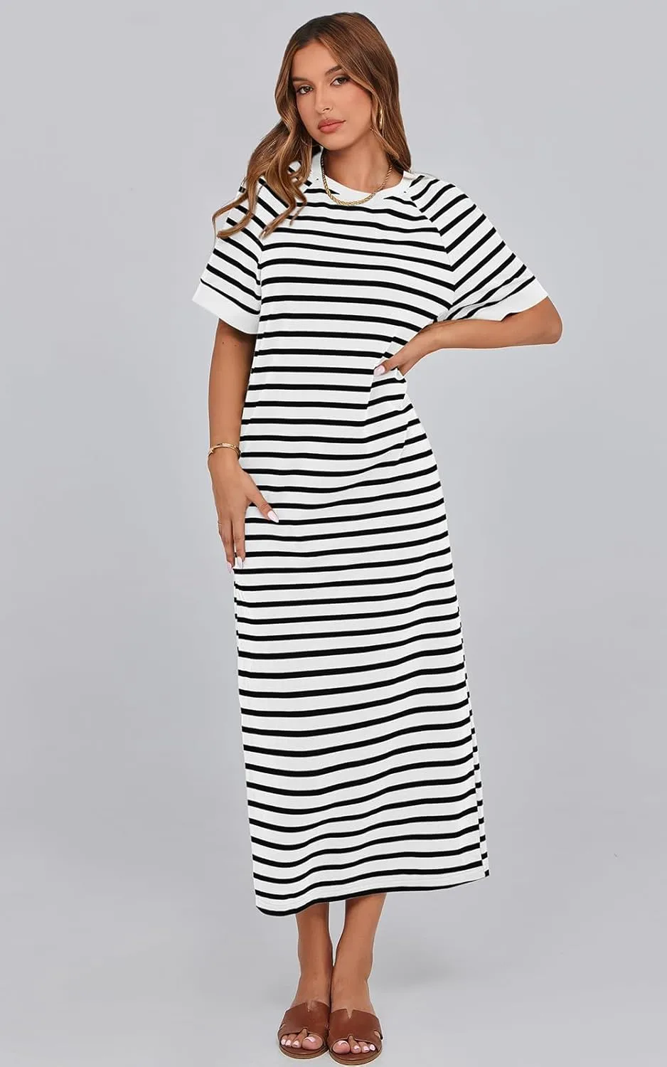 PRETTYGARDEN Women's Summer Casual T Shirt Dresses Short Sleeve Striped Slit Maxi Dress Color Block Long Dress with Pocket