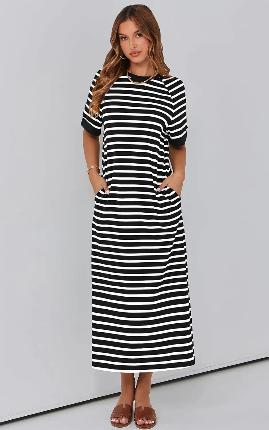 PRETTYGARDEN Women's Summer Casual T Shirt Dresses Short Sleeve Striped Slit Maxi Dress Color Block Long Dress with Pocket