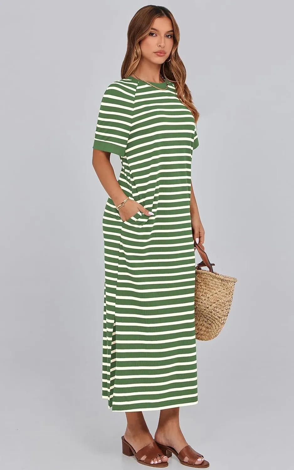 PRETTYGARDEN Women's Summer Casual T Shirt Dresses Short Sleeve Striped Slit Maxi Dress Color Block Long Dress with Pocket