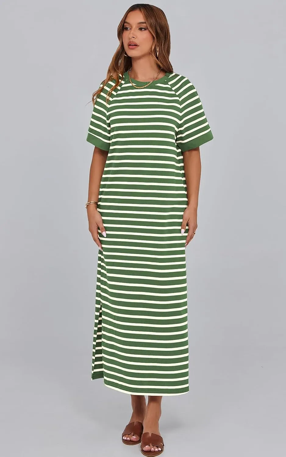 PRETTYGARDEN Women's Summer Casual T Shirt Dresses Short Sleeve Striped Slit Maxi Dress Color Block Long Dress with Pocket