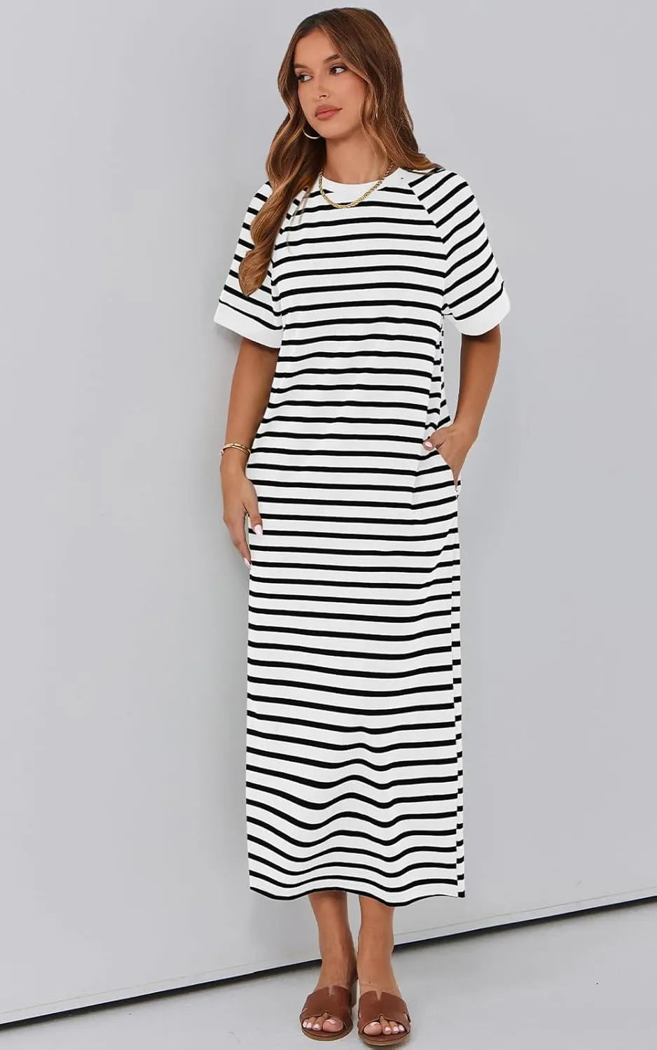 PRETTYGARDEN Women's Summer Casual T Shirt Dresses Short Sleeve Striped Slit Maxi Dress Color Block Long Dress with Pocket