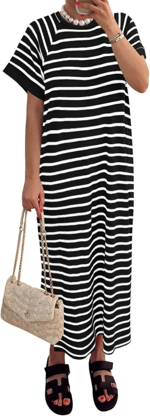 PRETTYGARDEN Women's Summer Casual T Shirt Dresses Short Sleeve Striped Slit Maxi Dress Color Block Long Dress with Pocket