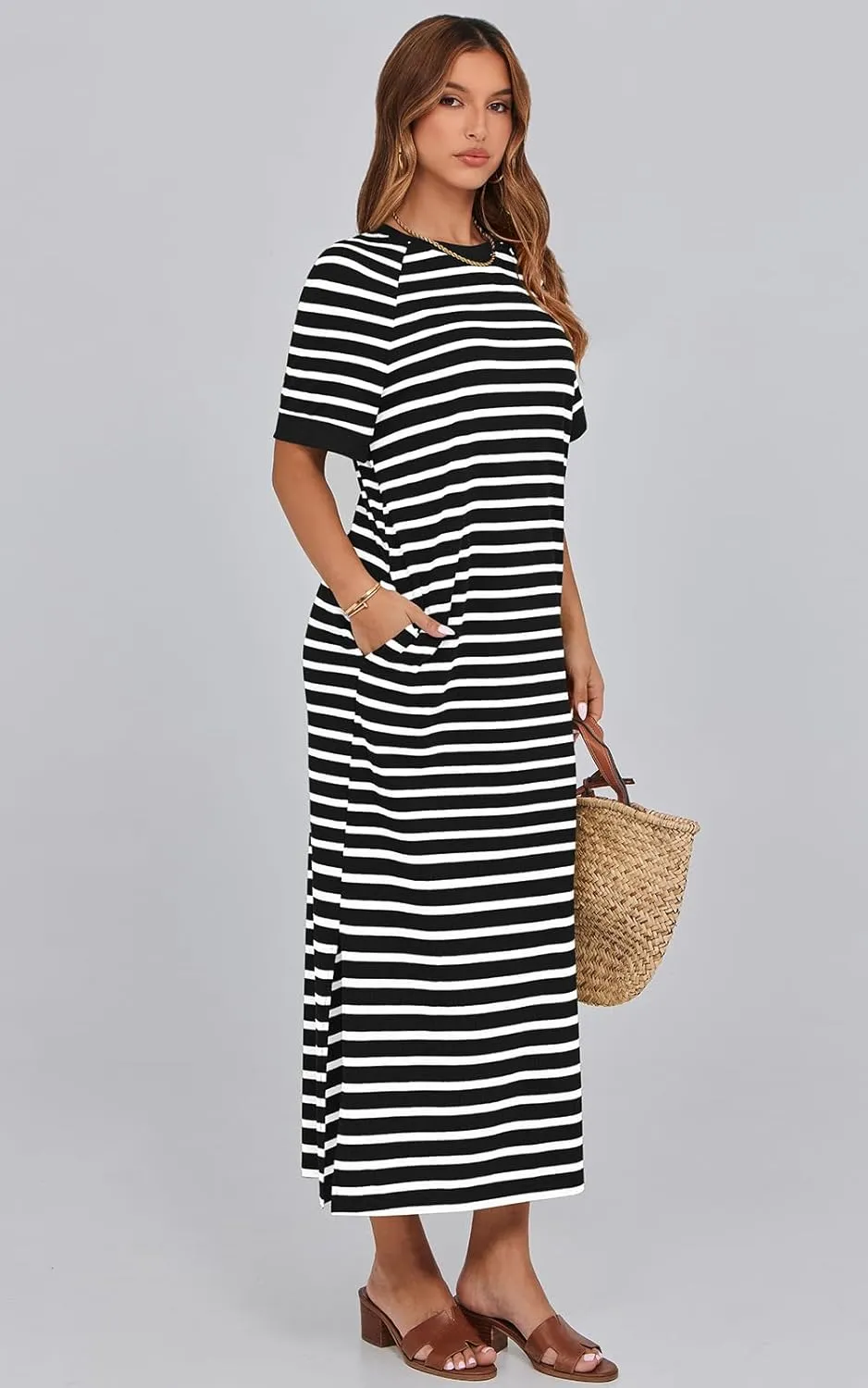 PRETTYGARDEN Women's Summer Casual T Shirt Dresses Short Sleeve Striped Slit Maxi Dress Color Block Long Dress with Pocket