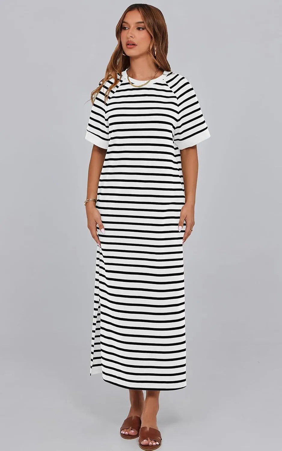 PRETTYGARDEN Women's Summer Casual T Shirt Dresses Short Sleeve Striped Slit Maxi Dress Color Block Long Dress with Pocket