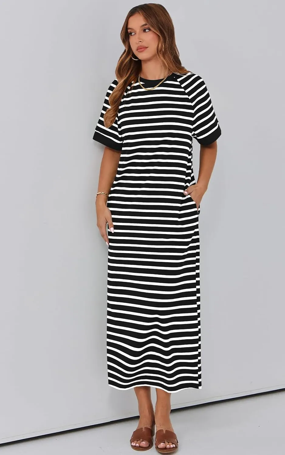 PRETTYGARDEN Women's Summer Casual T Shirt Dresses Short Sleeve Striped Slit Maxi Dress Color Block Long Dress with Pocket