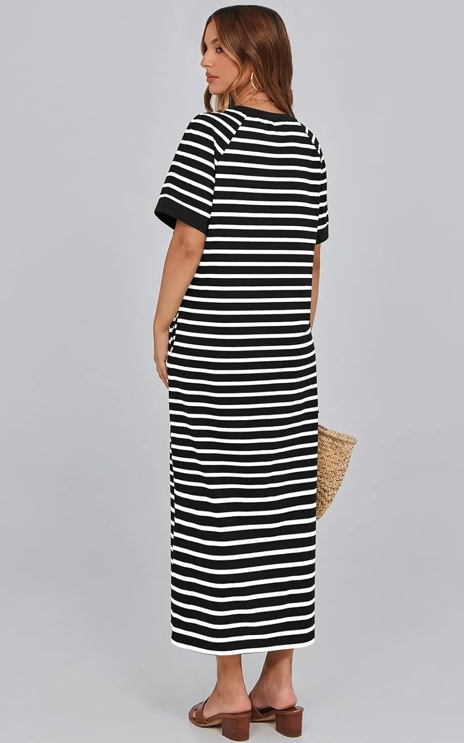 PRETTYGARDEN Women's Summer Casual T Shirt Dresses Short Sleeve Striped Slit Maxi Dress Color Block Long Dress with Pocket